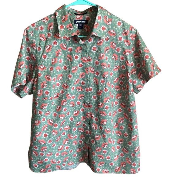 Lands End Size 18 pink green button down no iron cotton shirt top blouse floral - Picture 1 of 4